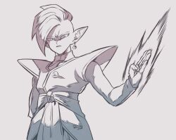 1boy annoyed dragon_ball dragon_ball_super earrings energy_sword greyscale highres jewelry long_sleeves looking_down mohawk monochrome pointy_ears potara_earrings rfts_tonight shirt short_hair solo sword weapon zamasu