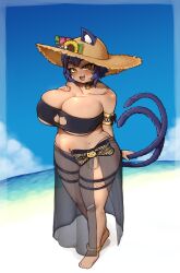 Rule 34 | 1girl, absurdres, animal ear fluff, animal ears, anklet, bandaid, bandaid on face, bandaid on knee, bandaid on leg, bandeau, beach, bell, belly, bikini, black bandeau, black bikini, blue hair, blush, breast suppress, breasts, cat cutout, cat ears, cat girl, cat tail, choker, cleavage, clothing cutout, collarbone, commission, dark-skinned female, dark skin, ears through headwear, fang, flower, hat, hat flower, highres, huge breasts, ichika (ichika manga), jewelry, jingle bell, mole, mole under eye, multiple tails, navel, neck bell, no nose, open mouth, original, plump, sarong, see-through, see-through sarong, short hair, shortstack, skeb commission, slit pupils, smile, solo, straw hat, sunflower, sweat, swimsuit, tail, thick thighs, thigh strap, thighs, wide hips, yellow eyes