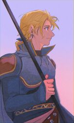 Rule 34 | 1boy, armor, blonde hair, blue cape, blue eyes, blue ribbon, blue shirt, breastplate, cape, closed mouth, earrings, edgar roni figaro, final fantasy, final fantasy vi, garbage paper, gradient background, hair ribbon, highres, holding, holding polearm, holding weapon, jewelry, long hair, low ponytail, male focus, multi-tied hair, parted bangs, polearm, popped collar, profile, ribbon, shirt, shoulder armor, sleeves past wrists, smile, solo, upper body, waist sash, weapon