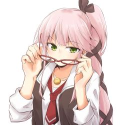 Rule 34 | 10s, 1girl, alternate costume, bad id, bad twitter id, collarbone, commentary request, eyebrows, unworn eyewear, glasses, green eyes, holding, holding removed eyewear, jewelry, kantai collection, kodera ju, long hair, looking at viewer, necklace, necktie, pink hair, ponytail, shirt, simple background, solo, vest, white background, white shirt, yura (kancolle)