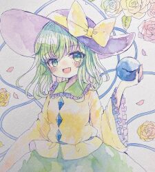 Rule 34 | 1girl, black hat, blouse, bow, buttons, diamond button, eyeball, flower, frilled shirt collar, frilled sleeves, frills, green hair, hat, hat bow, hat ribbon, heart, heart of string, highres, hiyuu (hiyualice), komeiji koishi, open mouth, petals, ribbon, shirt, solo, third eye, touhou, traditional media, wide sleeves, yellow bow, yellow ribbon, yellow shirt