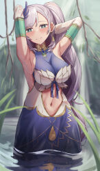 Rule 34 | 1girl, absurdres, armpits, arms up, ars rg0412, blue dress, blue eyes, blush, breasts, cleavage, clothing cutout, commission, detached sleeves, dress, feather hair ornament, feathers, grey hair, hair ornament, highres, hololive, hololive indonesia, large breasts, long hair, looking at viewer, pavolia reine, pavolia reine (1st costume), see-through, see-through sleeves, side ponytail, skeb commission, sleeveless, sleeveless dress, smile, solo, stomach cutout, very long hair, virtual youtuber, wading, water, white sleeves