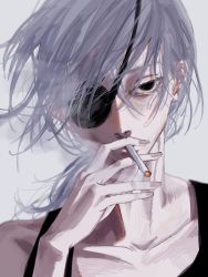 Rule 34 | 1girl, bad id, bad twitter id, black tank top, chainsaw man, cigarette, expressionless, eyepatch, grey hair, highres, holding, holding cigarette, juzoh13, long hair, looking at viewer, messy hair, quanxi (chainsaw man), simple background, smoke, smoking, solo, tank top, white background