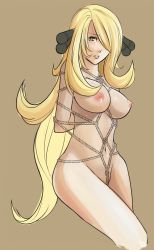 Rule 34 | 00s, 1girl, bdsm, blonde hair, bondage, bound, breasts, brown background, brown eyes, creatures (company), cynthia (pokemon), game freak, hair ornament, hair over one eye, large breasts, long hair, nintendo, nipples, nude, pokemon, pokemon dppt, rope, shibari, simple background, solo, yellow eyes