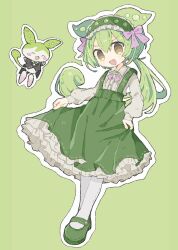 Rule 34 | 1girl, adapted costume, alternate costume, black coat, coat, coattails, collared shirt, creature and personification, frilled hairband, frills, full body, green background, green footwear, green hair, green hairband, green skirt, hair between eyes, hair ribbon, hairband, highres, kanato345, long hair, long sleeves, looking at viewer, mary janes, neck ribbon, open mouth, outline, pantyhose, petticoat, pink ribbon, ribbon, shirt, shoes, simple background, skirt, skirt hold, smile, standing, suspender skirt, suspenders, voiceroid, voicevox, white outline, white pantyhose, white shirt, zundamon