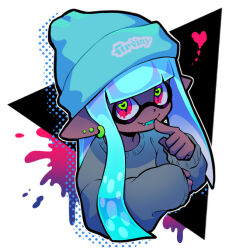 Rule 34 | 1girl, beanie, blue hair, blue hat, blue tongue, colored tongue, dark-skinned female, dark skin, fang, finger to another&#039;s mouth, grey sweater, hat, heart, heart-shaped pupils, inkling, inkling girl, inkling player character, light blue hair, long hair, long sleeves, melting eyes, multiple piercings, nintendo, open mouth, pointy ears, red eyes, smile, solo, splatoon (series), sweater, symbol-shaped pupils, tentacle hair, teo (teorekka)