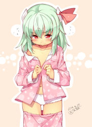 Rule 34 | 1girl, blush, clothes pull, collarbone, ex-keine, flat chest, flying sweatdrops, green hair, horn ornament, horn ribbon, horns, kamishirasawa keine, kokka han, navel, open clothes, open shirt, pajamas, panties, pants, pants pull, red eyes, ribbon, shirt, short hair, solo, tears, touhou, underwear, white panties, aged down