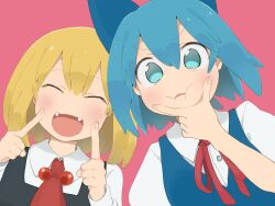 Rule 34 | 2girls, :d, :i, ascot, blonde hair, blue bow, blue dress, blue eyes, blue hair, blush, bow, cheek poking, cirno, citrus (place), closed eyes, d:, dress, fangs, finger to face, fingernails, hair bow, hand on own face, happy, highres, index finger raised, looking at viewer, multiple girls, neck bobbles, neck ribbon, open mouth, parted lips, poking, puffy short sleeves, puffy sleeves, red ascot, red ribbon, ribbon, rumia, short sleeves, smile, touhou, v-shaped eyebrows, wing collar