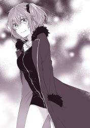 Rule 34 | 1girl, black dress, black scrunchie, blush, closed mouth, coat, cosplay, cowboy shot, dress, fate/grand order, fate (series), fujimaru ritsuka (female), fur coat, greyscale, hair between eyes, hair ornament, hair scrunchie, hand in pocket, jeanne d&#039;arc (fate), jeanne d&#039;arc alter (fate), jeanne d&#039;arc alter (fate) (cosplay), jeanne d&#039;arc alter (ver. shinjuku 1999) (fate), jewelry, long sleeves, looking at viewer, medium hair, monochrome, necklace, nishinishihigas, official alternate costume, open clothes, open coat, scrunchie, short dress, smile, solo, standing