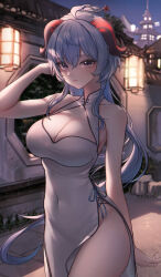 Rule 34 | 1girl, ahoge, alternate costume, architecture, arm behind back, arm up, bare arms, bare shoulders, blue hair, blurry, blurry background, blush, breasts, china dress, chinese clothes, cleavage, cleavage cutout, clothing cutout, covered navel, cowboy shot, depth of field, dress, east asian architecture, ganyu (genshin impact), genshin impact, goat horns, hair bun, hair ornament, hairpin, highres, horns, lantern, large breasts, long hair, looking at viewer, low ponytail, night, no panties, outdoors, paper lantern, pelvic curtain, purple eyes, rine (rine on), side-tie dress, sleeveless, sleeveless dress, smile, solo, standing, thighs, very long hair, white dress