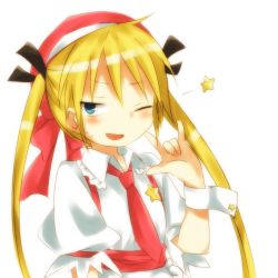 Rule 34 | 1girl, bad id, bad pixiv id, blonde hair, blue eyes, blush, hair ribbon, kill me baby, kiritani31, long hair, necktie, one eye closed, red necktie, ribbon, solo, sonya (kill me baby), star (symbol), sweatdrop, twintails, wink, wrist cuffs