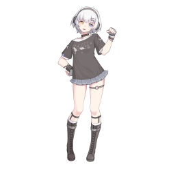 Rule 34 | 1girl, absurdres, bang dream!, bang dream! it&#039;s mygo!!!!!, bianxieshi ajing, black choker, black footwear, black shirt, blue eyes, boots, bracelet, chinese commentary, choker, commentary request, commission, fingerless gloves, full body, gloves, grey gloves, grey skirt, hair ornament, hairclip, hand on own hip, hand up, headphones, heterochromia, highres, jewelry, kaname raana, knee boots, o-ring, o-ring thigh strap, second-party source, shirt, short hair, short sleeves, simple background, skirt, solo, thigh strap, white background, white hair, yellow eyes