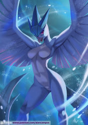 Rule 34 | 1girl, alan campos, armpits, arms up, articuno, artist name, beak, blue background, breasts, creatures (company), female focus, furry, furry female, game freak, gen 1 pokemon, highres, legendary pokemon, legs apart, logo, looking at viewer, looking to the side, medium breasts, navel, nintendo, no nipples, no pussy, nude, open mouth, patreon, personification, pink eyes, pokemon, pokemon (creature), pokemon rgby, signature, simple background, smile, solo, standing, tail, text focus, tongue, watermark, web address, wings