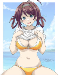Rule 34 | 1girl, adapted costume, ahoge, artist name, bikini, blue sky, breasts, brown hair, brown hairband, chougei (kancolle), cleavage, clothes lift, cloud, cowboy shot, dated, day, gakky, grey eyes, hair ornament, hair rings, hairband, hairclip, horizon, kantai collection, large breasts, long hair, looking at viewer, ocean, one-hour drawing challenge, orange bikini, outdoors, shirt, shirt lift, sitting, sky, solo, swimsuit, t-shirt, white shirt