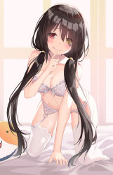 Rule 34 | 1girl, all fours, arm support, black hair, blush, bra, breasts, cleavage, clock eyes, closed mouth, commentary request, date a live, finger to mouth, garter belt, heterochromia, highres, indoors, large breasts, lingerie, long hair, looking at viewer, low twintails, naughty face, no ho, on bed, pillow, red eyes, seductive smile, smile, solo, symbol-shaped pupils, thighhighs, tokisaki kurumi, twintails, underwear, very long hair, white bra, white thighhighs, yellow eyes
