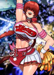 Rule 34 | 1girl, akisu k, armpits, bare shoulders, breasts, cheering, cheerleader, cleavage, cleavage cutout, clothing cutout, covered eyes, crop top, hair over eyes, holding, holding pom poms, large breasts, long hair, looking at viewer, midriff, miniskirt, navel, open mouth, pleated skirt, pom pom (cheerleading), pom poms, ponytail, red hair, shermie (kof), skirt, sleeveless, smile, snk, solo, split ponytail, the king of fighters, the king of fighters all-stars