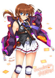 Rule 34 | 1girl, artist name, bare shoulders, blue eyes, blush, breasts, brown hair, closed mouth, dated, highres, long hair, looking at viewer, lyrical nanoha, mahou shoujo lyrical nanoha, mahou shoujo lyrical nanoha a&#039;s, mahou shoujo lyrical nanoha a&#039;s portable: the battle of aces, stern the destructor, microphone, miniskirt, navel, ponytail, san-pon, simple background, skirt, small breasts, smile, solo