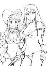Rule 34 | 2girls, breasts, character request, cleavage, closed mouth, gloves, greyscale, hat, long hair, looking at viewer, monochrome, multiple girls, open mouth, simple background, swimsuit, ueyama michirou, white background
