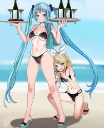 Rule 34 | 2girls, aqua hair, aqua nails, aruman, beach, bikini, black bikini, blonde hair, blue eyes, blue sky, blurry, blurry background, bottle, bow, breasts, cloud, cocktail glass, colored shoe soles, commentary, cup, drinking glass, full body, grin, hair bow, hair ornament, hairband, hairclip, hands up, hatsune miku, high heels, highres, holding, holding tray, horizon, kagamine rin, large breasts, long hair, looking at viewer, multiple girls, navel, ocean, on one knee, outdoors, paid reward available, pointing, pointing at another, sandals, sky, small breasts, smile, standing, swept bangs, swimsuit, toes, towel on one shoulder, tray, trembling, twintails, variant set, very long hair, vocaloid, white bow, white hairband, wine bottle