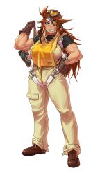 Rule 34 | 1girl, birdie harrison, blue eyes, breasts, brown gloves, brown hair, eyepatch, formation girls, full body, gloves, goggles, hand on own hip, highres, large breasts, mikoyan, muscular, muscular female, official art, solo, standing, transparent background