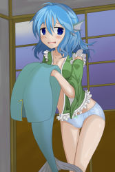 Rule 34 | 1girl, ahoge, animal ears, arinomamani, blue eyes, blue hair, blue panties, blush, bow, bow panties, breasts, cleavage, collarbone, detached sleeves, fins, frilled sleeves, frills, head fins, highres, japanese clothes, kimono, long sleeves, matching hair/eyes, mermaid, monster girl, no pants, nori (arinomamani), obi, open clothes, open mouth, panties, personification, sash, short hair, smile, solo, thigh gap, touhou, underwear, wakasagihime, wide sleeves, zipper