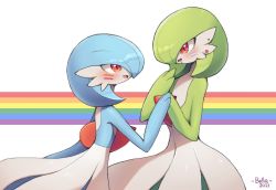 Rule 34 | alternate color, artist name, blue hair, blue skin, blush, bob cut, colored skin, creatures (company), dated, ear piercing, earrings, eye contact, facepaint, female focus, flat chest, from side, game freak, gardevoir, gen 3 pokemon, green hair, green skin, hair over one eye, hand to own mouth, hand up, hands up, happy, heart, highres, holding hands, jewelry, lgbt pride, lip piercing, looking at another, multicolored skin, nintendo, open mouth, piercing, pokemon, pokemon (creature), rainbow background, rainbow flag, red eyes, shiny and normal, shiny pokemon, shiny skin, short hair, signature, simple background, smile, standing, stud earrings, tears, two-tone skin, white background, white skin