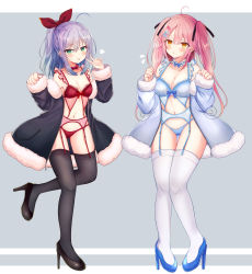 Rule 34 | 2girls, absurdres, ahoge, bare shoulders, black coat, black footwear, black legwear, blue bra, blue footwear, blue jacket, blue panties, bra, breasts, choker, cleavage, coat, collarbone, frilled choker, frills, full body, fur trim, garter belt, green eyes, hair ornament, hair ribbon, hairclip, hands up, high heels, highres, jacket, kiyui (honey citron), lace, lace-trimmed bra, lace trim, leg up, lingerie, long hair, long sleeves, looking at viewer, merry christmas, multiple girls, navel, off shoulder, one side up, open clothes, open coat, open jacket, orange eyes, original, panties, panties over garter belt, pink hair, red bra, red panties, ribbon, sidelocks, silver hair, simple background, small breasts, standing, standing on one leg, stomach, string panties, thighhighs, tongue, tongue out, two side up, underwear, white background, white legwear