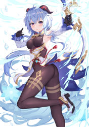 Rule 34 | 1girl, absurdres, ahoge, armpits, ass, bare shoulders, bell, black gloves, blue hair, bodysuit, bow (weapon), breasts, cowbell, detached collar, detached sleeves, firing, floating hair, from behind, ganyu (genshin impact), genshin impact, gloves, goat horns, gold trim, highres, hokori sakuni, holding, holding bow (weapon), holding weapon, horns, ice, leg up, long hair, long sleeves, looking at viewer, looking back, low ponytail, medium breasts, outstretched arm, parted lips, pelvic curtain, shoes, solo, twisted torso, very long hair, vision (genshin impact), waist cape, weapon, white footwear