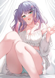 Rule 34 | 1girl, :d, :q, absurdres, blue eyes, blue panties, blush, breasts, cleavage, commentary request, commission, curtains, fang, feet out of frame, hair ornament, hairclip, hand up, head tilt, highres, indie virtual youtuber, jacket, knees together feet apart, knees up, long hair, long sleeves, looking at viewer, medium breasts, moyoron, multicolored hair, off shoulder, one side up, open clothes, open jacket, open mouth, panties, pink hair, pleated skirt, puffy long sleeves, puffy sleeves, pulling own clothes, purple hair, sata nakia, simple background, skeb commission, skirt, smile, solo, strap pull, tongue, tongue out, two-tone hair, underwear, very long hair, virtual youtuber, white background, white jacket, white skirt