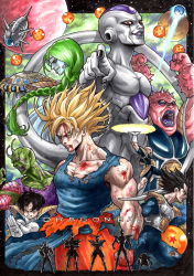 Rule 34 | 6+boys, absurdres, alien, antennae, armor, attack, bald, battle, black hair, black nails, blonde hair, blood, blood in mouth, blood on face, blue skin, braid, broken armor, brown eyes, burter, cape, captain ginyu, clenched teeth, colored blood, colored skin, copyright name, crossed arms, destructo disk, dodoria, dragon ball, dragon ball (object), dragonball z, earrings, energy, energy disc, energy saw, fingernails, frieza, ginyu force, gloves, green eyes, green hair, green skin, guldo, hands on own hips, highres, horns, jeice, jewelry, kienzan, kuririn, long hair, male focus, multiple boys, muscular, nail polish, namek, pants, piccolo, pink skin, pointing, pointing at viewer, pointy ears, ponytail, purple blood, recoome, red eyes, sash, scouter, sharp fingernails, shirt, silhouette, smile, son gohan, son goku, spacecraft, spikes, super saiyan, super saiyan 1, tail, takumi (marlboro), teeth, torn clothes, torn pants, torn shirt, vegeta, veins, white skin, wristband, yellow eyes, zarbon