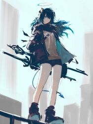 Rule 34 | 1girl, arknights, bare legs, black footwear, black jacket, black shorts, blue eyes, blue hair, closed mouth, demon horns, demon tail, detached wings, fallen angel, floating hair, full body, fur-trimmed hood, fur trim, hair between eyes, halo, hand in pocket, highres, hood, hood down, hooded jacket, horns, jacket, long hair, looking at viewer, mostima (arknights), mutomorokoshi, open clothes, open jacket, shirt, shorts, solo, staff, standing, tail, white shirt, wings