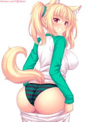 Rule 34 | 1girl, animal ear fluff, animal ears, ass, blonde hair, blush, breasts, cat ears, cat tail, clothes pull, commentary request, covered erect nipples, green scrunchie, grin, hair between eyes, hair ornament, hair scrunchie, highres, large breasts, long hair, looking at viewer, looking back, nottytiffy, original, panties, pants, pants pull, raglan sleeves, red eyes, scrunchie, shirt, sidelocks, simple background, slit pupils, smile, solo, striped clothes, striped panties, tail, tail raised, tiffy (nottytiffy), twintails, underwear, watermark, web address, white background, white pants, white shirt