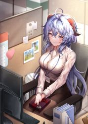 Rule 34 | 1girl, absurdres, ahoge, alternate costume, blouse, blue hair, blush, box, box of chocolates, breasts, brown legwear, chair, commentary, computer, contemporary, english commentary, ganyu (genshin impact), genshin impact, highres, horns, long hair, looking at viewer, medium breasts, office, office chair, office lady, pencil skirt, pengrani, purple eyes, shirt, sidelocks, sitting, skirt, smile, solo, swivel chair, white shirt