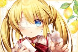 Rule 34 | 1girl, blonde hair, blue eyes, chi no, eyepatch, hair between eyes, hair ribbon, holding, holding paper, long hair, looking at viewer, nakatsu shizuru, open mouth, paper, portrait, red ribbon, rewrite, ribbon, solo, twintails, very long hair