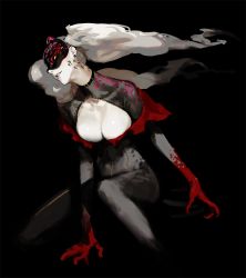 Rule 34 | 10s, 1girl, belt collar, black background, black bodysuit, blood, blood on hands, bodysuit, breasts, claws, cleavage, cleavage cutout, clothing cutout, collar, dark, earrings, jewelry, large breasts, long hair, looking at viewer, mask, megami tensei, on one knee, parted lips, persona, persona 5, rr (suisse200), shin megami tensei, slit pupils, smile, solo, takamaki anne, twintails, white hair, yellow eyes