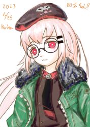 Rule 34 | 100shiki iine1, 1girl, :&lt;, beret, black hat, black necktie, black shirt, blonde hair, character name, closed mouth, commentary request, dated, fur-trimmed jacket, fur trim, girls&#039; frontline, glasses, green jacket, hair ornament, hairclip, hat, highres, holding, jacket, krita (medium), long hair, long sleeves, looking at viewer, necktie, open clothes, open jacket, red eyes, round eyewear, shirt, simple background, solo, type 80 (girls&#039; frontline), upper body, very long hair, white background