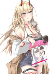 Rule 34 | 1girl, azur lane, bare shoulders, between breasts, black shirt, blonde hair, blue shorts, breasts, brown jacket, character name, cleavage, cowboy shot, crop top, denim, denim shorts, gudon (iukhzl), highres, holding, horns, jacket, kumano (azur lane), large breasts, long hair, long sleeves, looking at viewer, midriff, mouth hold, off shoulder, open clothes, open fly, open jacket, purple eyes, shirt, short shorts, shorts, sleeveless, sleeveless shirt, smile, solo, spaghetti strap, standing, thigh strap, white jacket