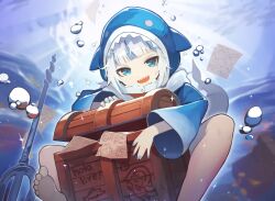 Rule 34 | 1girl, :d, animal hood, barefoot, blue eyes, blue hair, blue hoodie, blue nails, bubble, fins, fish tail, gawr gura, gawr gura (1st costume), harufude, hololive, hololive english, hood, hoodie, in water, long sleeves, looking at viewer, medium hair, multicolored hair, nail polish, ocean, open mouth, polearm, shark girl, shark hood, shark tail, sharp teeth, smile, soles, solo, streaked hair, tail, teeth, toes, treasure chest, trident, virtual youtuber, weapon, white hair