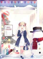 Rule 34 | 1girl, bag, bag charm, blonde hair, blue dress, blue footwear, blunt bangs, blush, bow, braid, charm (object), christmas, christmas ornaments, christmas tree, closed mouth, commentary request, copyright request, double bun, dress, fringe trim, green eyes, hair bun, hair ribbon, hand up, handbag, highres, holding, holding bag, long hair, long sleeves, merry christmas, official art, pennant, plaid, plaid scarf, polka dot, red ribbon, red scarf, ribbon, scarf, shoes, smile, snowflakes, snowman, socks, solo, standing, standing on one leg, storefront, string of flags, striped, striped bow, trowel, twintails, very long hair, white dress, white socks, window, yuizayomiya