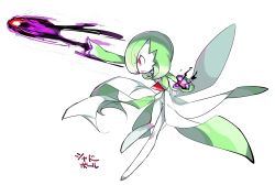 Rule 34 | 1girl, arm up, aura, bob cut, collar, colored skin, creatures (company), female focus, flat chest, game freak, gardevoir, gen 3 pokemon, green hair, green skin, hair over one eye, hand up, highres, japanese text, knees together feet apart, lotosu, mega stone, multicolored skin, nintendo, open mouth, outstretched arm, pokemon, pokemon (creature), pokemon move, profile, red eyes, shadow ball (pokemon), short hair, simple background, sketch, solo, standing, translated, two-tone skin, v-shaped eyebrows, white background, white skin