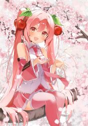 Rule 34 | 1girl, :d, blush, branch, cherry blossoms, cherry hair ornament, collared shirt, day, detached sleeves, feet out of frame, food-themed hair ornament, frilled shirt, frills, from side, hair ornament, hatsune miku, headset, highres, holding, holding petal, in tree, legs together, long hair, long sleeves, looking at viewer, meruko-san, microphone, miniskirt, nail polish, necktie, open mouth, outdoors, petals, pink eyes, pink hair, pink nails, pink necktie, pink skirt, pink sleeves, pink thighhighs, pleated skirt, sakura miku, shirt, sidelocks, sitting, sitting in tree, skirt, sleeveless, sleeveless shirt, smile, solo, thighhighs, tie clip, tree, twintails, v, very long hair, vocaloid, white shirt, zettai ryouiki