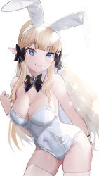 Rule 34 | 1girl, animal ears, blonde hair, blue eyes, bow, bowtie, breasts, brooch, cleavage, covered navel, detached collar, elf, fake animal ears, fake tail, hair bow, hanba rou, highres, jewelry, large breasts, leotard, long hair, looking at viewer, playboy bunny, pointy ears, princess connect!, rabbit ears, rabbit tail, saren (princess connect!), smile, solo, sparkle, tail, thighhighs, very long hair, wrist cuffs