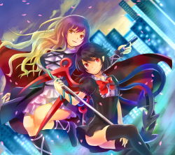 Rule 34 | 2girls, ass, asymmetrical wings, bad id, bad pixiv id, black hair, black thighhighs, blonde hair, blurry, boots, bow, building, cape, cherry blossoms, city, cloud, cross-laced footwear, depth of field, dress, dutch angle, female focus, gradient hair, hayama eishi, hijiri byakuren, houjuu nue, long hair, looking at viewer, multicolored hair, multiple girls, nari otoko, outdoors, pointy ears, polearm, puffy short sleeves, puffy sleeves, purple hair, red eyes, serious, short hair, short sleeves, skindentation, sky, snake, spear, thighhighs, touhou, weapon, wings, yellow eyes, zettai ryouiki