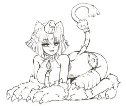 Rule 34 | 1girl, :3, all fours, animal ears, animal hands, ass, barbariank, bare shoulders, breasts, cat ears, cat girl, cat paws, cat tail, claws, collar, full body, greyscale, hair ornament, jewelry, large breasts, looking at viewer, monochrome, monster girl, monster girl encyclopedia, necktie, open mouth, raised eyebrow, short hair, simple background, sketch, slit pupils, smile, smug, snake hair ornament, solo, sphinx (monster girl encyclopedia), tail, tail bracelet, tail raised, thighhighs, white background
