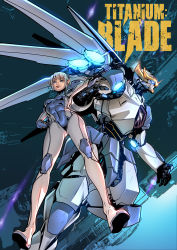 Rule 34 | 1girl, absurdres, blue eyes, breasts, comic cover, commentary, covered navel, doni cahyono, english commentary, glowing, glowing eye, hand on own hip, hendry prasetya, highres, mecha, medium breasts, official art, open hand, parted lips, pointy ears, robot, science fiction, short hair, silver hair, skin tight, titanium: blade