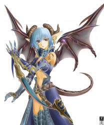 Rule 34 | blue hair, demon, demon girl, demon wings, gauntlets, horns, oni, pointy ears, solo, tail, wings