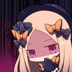 Rule 34 | 1girl, abigail williams (fate), beni shake, black bow, black dress, black hat, bow, commentary request, covering own mouth, dress, fate/grand order, fate (series), hand to own mouth, hands in opposite sleeves, hat, long sleeves, looking at viewer, lowres, orange bow, parted bangs, polka dot, polka dot bow, purple eyes, shaded face, solo