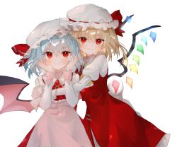 Rule 34 | 2girls, absurdres, ascot, bat wings, blonde hair, blush, brooch, closed mouth, commentary request, cowboy shot, crystal, dress, flandre scarlet, hands on own cheeks, hands on own face, hat, highres, hug, huge filesize, jewelry, juliet sleeves, long sleeves, looking at viewer, mob cap, multiple girls, omodaka romu, pink dress, puffy sleeves, red ascot, red dress, red eyes, remilia scarlet, short hair, siblings, sisters, smile, touhou, transparent background, upper body, white headwear, wings, yellow ascot
