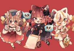 Rule 34 | 3girls, :3, :d, ;3, ;d, animal ear fluff, animal ears, barefoot, bell, black bow, blunt bangs, bow, bowtie, braid, bright pupils, brown eyes, brown hair, cat ears, cat tail, chen, chibi, claw pose, coin, dress, earrings, fang, fingernails, forked tail, full body, gold coin, goutokuji mike, hair bow, hair ribbon, hat, highres, jewelry, jingle bell, kaenbyou rin, leg ribbon, long hair, maneki-neko, mob cap, multicolored hair, multiple girls, multiple tails, neck bell, nekomata, one eye closed, open mouth, orange eyes, patch, petticoat, ratto (mobilis 1870), red background, red dress, red eyes, red hair, ribbon, sharp fingernails, simple background, single earring, smile, streaked hair, tail, touhou, tress ribbon, twin braids, twintails, two tails, wheelbarrow, white bow, white bowtie
