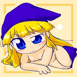 Rule 34 | 1girl, blonde hair, blue eyes, blush, boots, breasts, chibi, cleft of venus, female focus, hat, long hair, lowres, madou monogatari, nipples, nude, pussy, puyopuyo, shinogo~, solo, tagme, uncensored, witch, witch (puyopuyo), witch hat
